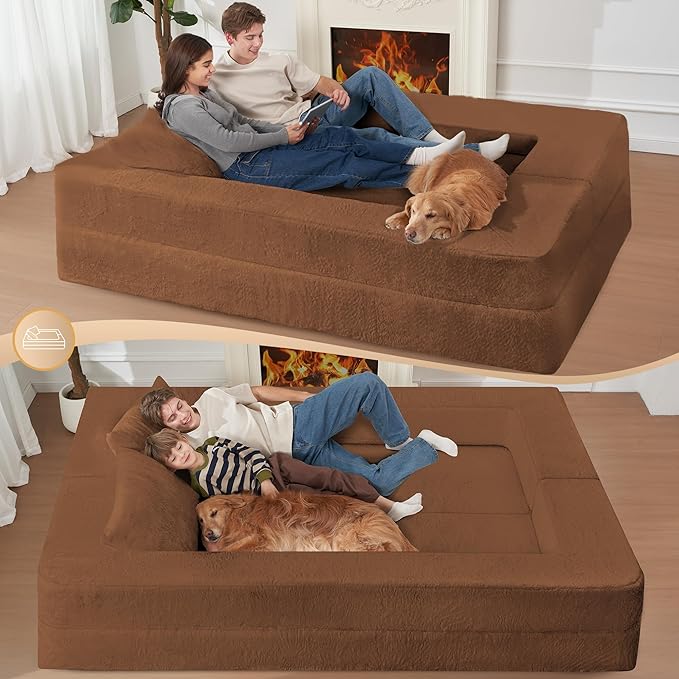 Folding Bean Bag Chair for Adults,3-in-1 Bean Bag Couch Faux Fur Floor Sofa Large Beanbag Convertible Bean Bag Sofa Bed with Pillow in Bedroom,Living Room,Apartment(Queen,Caramel)