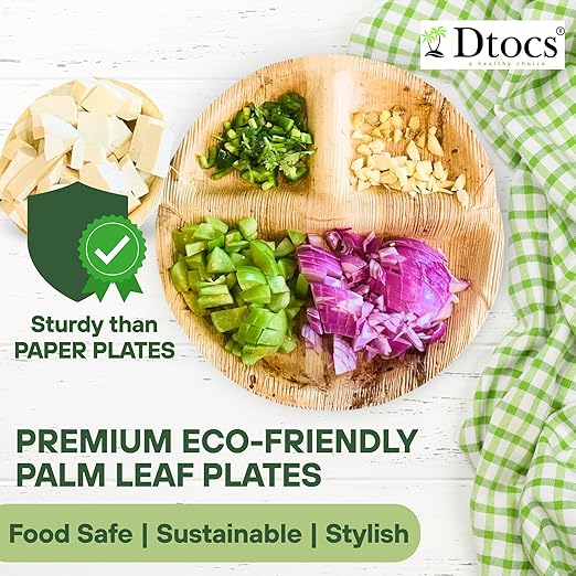 Dtocs 3 Compartment Plates (50 Pc) Palm Leaf 10 Inch Round Portion Control Buffet Sectional Plate | Bamboo Plates Disposable Like Compostable Camping Dinnerware Stronger than Divided Paper, Styrofoam