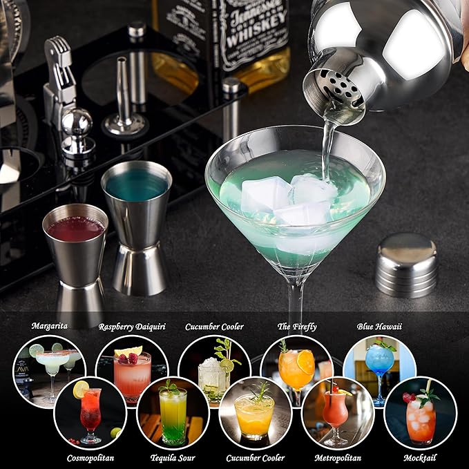 Cocktail Shaker Set Bartender Kit : 15-Piece Stainless Steel Bartender Kit with Acrylic Stand Bars Set with All Practical Bars Accessories, Bar Tools for Drink Mixing, Bar, Home, Lounge & Party