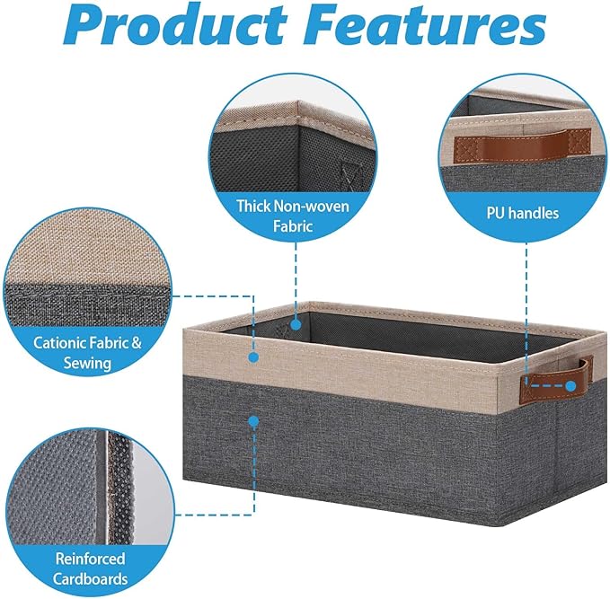 GhvyenntteS Small Fabric Storage Bins 6 Pack, 11.8" x 7.87" x 5.11" Storage Basket with Leather Handles, Closet Storage Bins for Shelves, Storage Baskets for Shelves, DVD Storage (Grey/Beige Yellow)