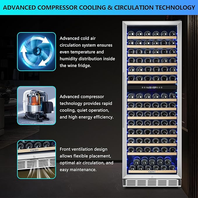 Dual Zone Wine Fridge Freestanding 175 Bottle, 24 Inch Large Capacity Built-in Wine Cooler Refrigerator with Upgraded Compressor Cooling and Intelligent Temperature Memory