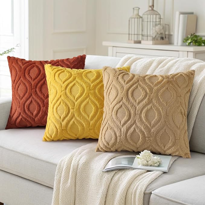 decorUhome Fall Throw Pillow Covers 16x16 Inch Set of 2, Soft Plush Decorative Faux Fur Rust Solid Couch Pillow Covers, Accent Farmhouse Neutral Square Euro Pillow Cases for Sofa Bed Living Room