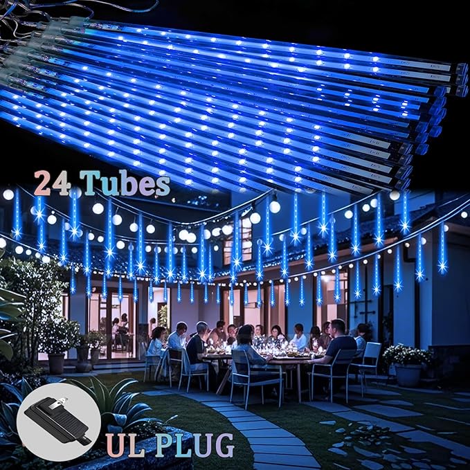 Christmas Lights Outdoor Meteor Shower Lights 24-Tube 576LEDs Snow Falling Rain Cascading Icicle Light for Xmas Tree Christmas Decorations Wedding Party Holiday Garden Decor, UL Plug Blue