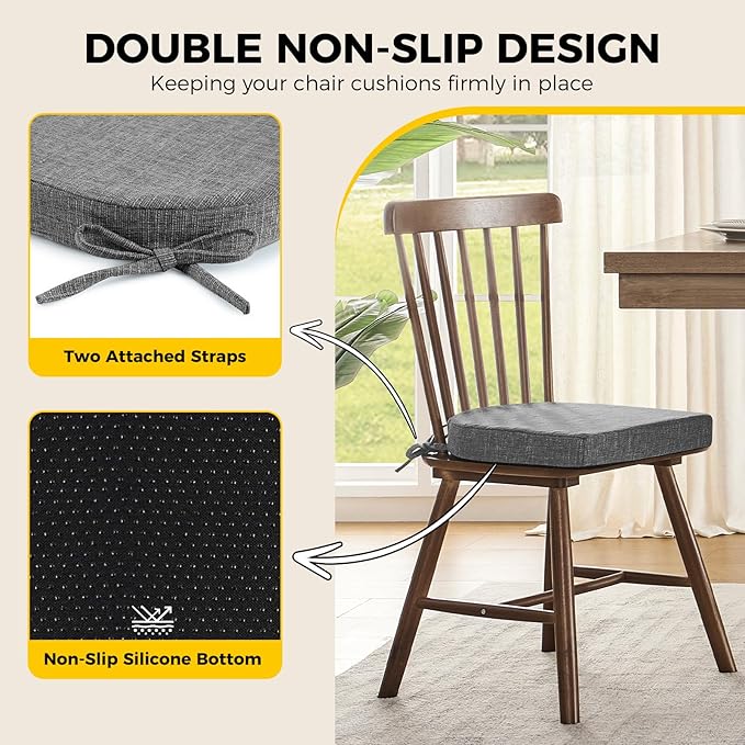 downluxe Indoor Chair Cushions for Dining Chairs, Soft and Comfortable Textured Foam Kitchen Chair Pads with Ties and Non-Slip Backing, 16" x 16" x 2", Dark Grey, 4 Pack