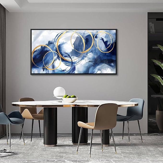 Framed Abstract Wall Art Blue Modern Art Wall Decor Artwork For Living Room Huge Wall Canvas Office Pictures For Navy Gold Modern Decorations For Bedroom Size 24x48in