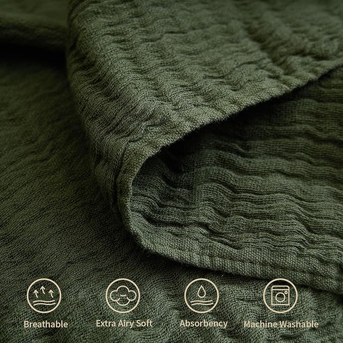 100% Cotton Muslin Throw Blanket for Bed, Couch, Small, Decorative, Soft, Pre-Washed, Breathable and Lightweight Gauze Blanket with Tassels, Suitable for All Seasons, Olive Green, 50"x60"