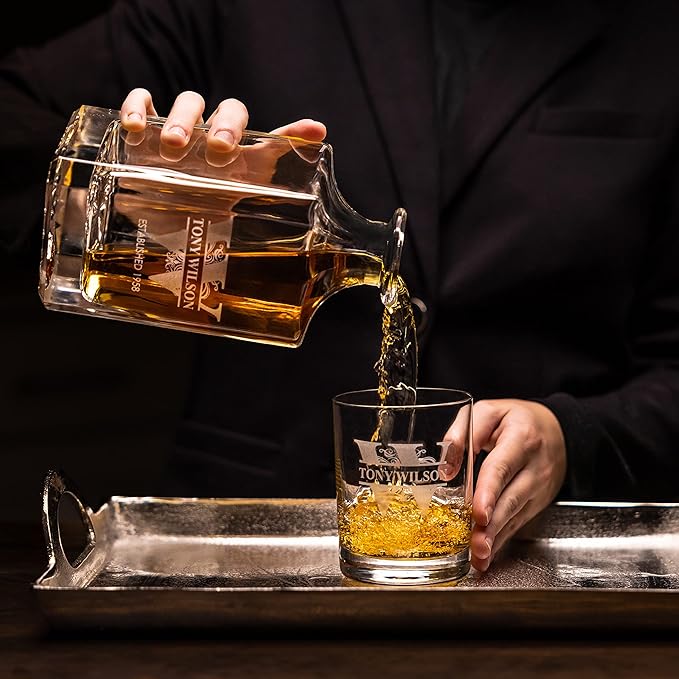 Gifts Inscribed Personalized Whiskey Decanter Set - Engraved Whiskey Decanter Bottle & Set of 4 Custom Drinking Glasses Laser Etched - Customized Whisky Gift for Wedding, Birthday, Fathers Day