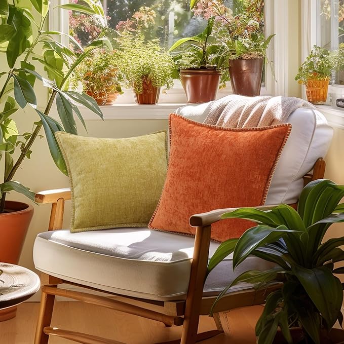 decorUhome Chenille Soft Throw Pillow Covers 26x26 Set of 2, Farmhouse Velvet Neutral Decorative Euro Pillow Covers with Stitched Edge for Couch Sofa Bed Home Decor, Mineral Yellow