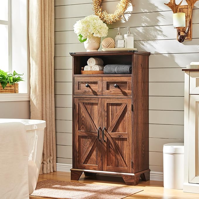 Farmhouse Bathroom Storage Cabinet, 24" Wide Floor Cabinet w/Barn Doors, Adjustable Shelf & Drawer, Cabinets for Bathroom, Kitchen, or Living Room, Brown