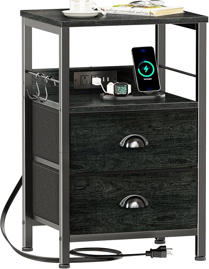 Furologee Nightstand with Charging Station, Black Night Stand with 2 Fabric Drawers, Side Table with USB Ports, End Table with Storage Shelf, for Living Room/Bedroom, Black Oak