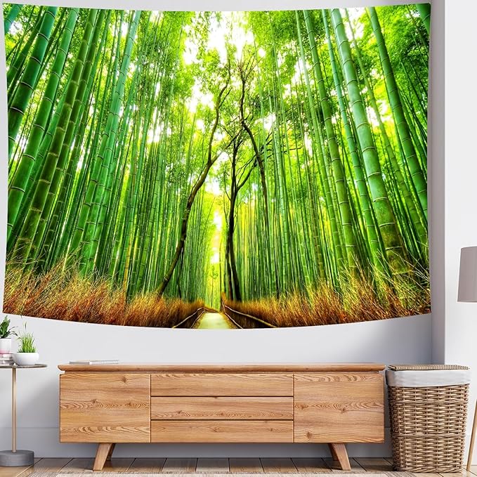 Delur Forest Pathway Tapestry Sunset Tropical Rainforest Nature Tree Tapestry Wall Hanging Sunrise Scenic Natural Green Landscape Headboard for Bedroom Living Room Home Decor (59.1" x 78.7")
