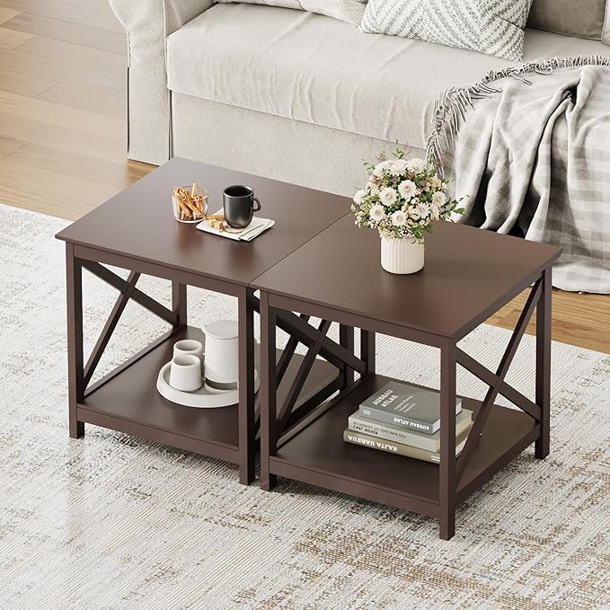 ChooChoo End Table, 24 Inch End Table with 2-Tier Storage Shelf, Side Table for Living Room, Wood Nightstand for Bedroom, Office, Painted Surface, Espresso