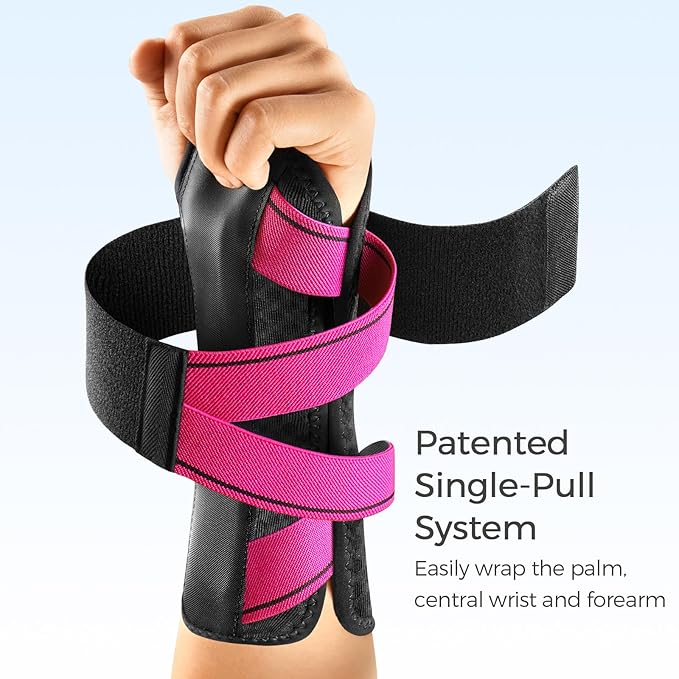 FREETOO Carpal Tunnel Wrist Brace Night Support Fit Right Hand for Work, Pain Relief Wrist Splint for Tendonitis, Arthritis, Fit Women and Men, Wrist Stabilizer Brace for Sleeping (L/XL, Black/Pink)