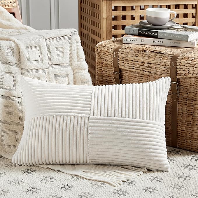 Fancy Homi 2 Packs Cream White Lumbar Decorative Throw Pillow Covers 12x20 Inch for Couch Bed Sofa, Rustic Farmhouse Boho Home Decor, Soft Striped Corduroy Rectangle Accent Cushion Case 30x50 cm