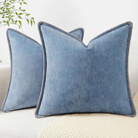 decorUhome Chenille Soft Throw Pillow Covers 26x26 Set of 2, Farmhouse Velvet Neutral Decorative Euro Pillow Covers with Stitched Edge for Couch Sofa Bed Home Decor, Blue