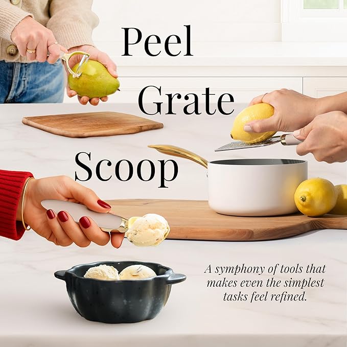 Gold and Beige Kitchen Utensils Set – 8 PC Cooking Gadgets with Mini Gold Whisk and Tongs, Pizza Cutter, Garlic Press, Cheese Grater, Peeler, Can Opener, Scoops – Stylish Beige Kitchen Accessories