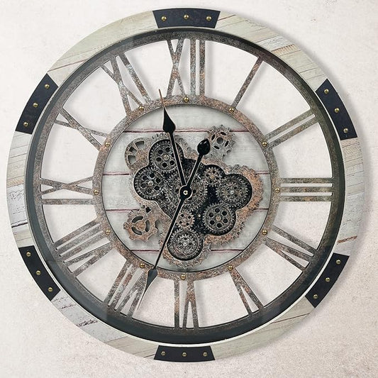 DORBOKER 30" Large Wall Clock Moving Gears,Oversized Industrial Rustic Farmhouse Clocks for Living Room Decor Office Home, Solid Wood Retro Metal HD Tempered Glass Cover,Desert Beige