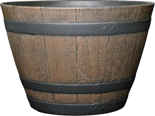 Classic Home & Garden Whiskey Barrel Planters - Wood Finish Flower Planter Pot - Stylish Garden Pots - Indoor & Outdoor Resin Planters - Weather-Resistant Planting Pots (15.5" Walnut Brown, Pack of 1)