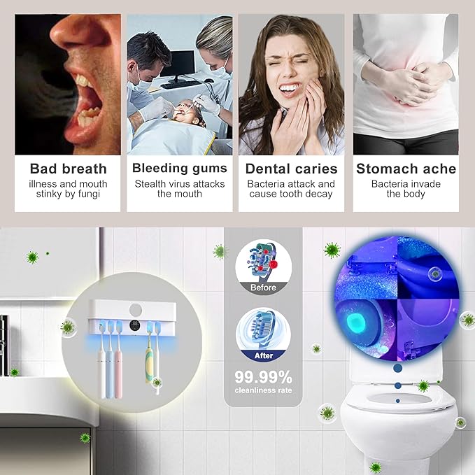 Electric Toothbrush Holder and Cleaner Auto Cleaning and Drying Toothbrushs in Circle Wall Mounted for Bathroom Accessory Auto Open/Close Cover Rechargeable Home Gadgets