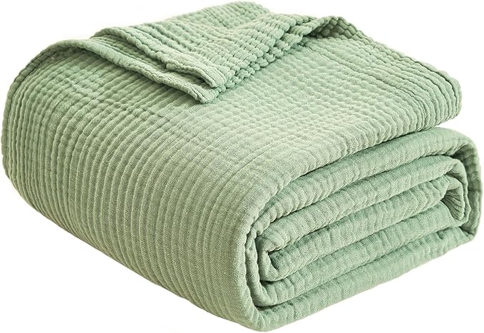 EMME Cotton Blanket Queen Size for Bed Soft Large Muslin Bed Blankets 90"x90" Lightweight Breathable Blanket Bedspread All Season Gauze, Sage Green