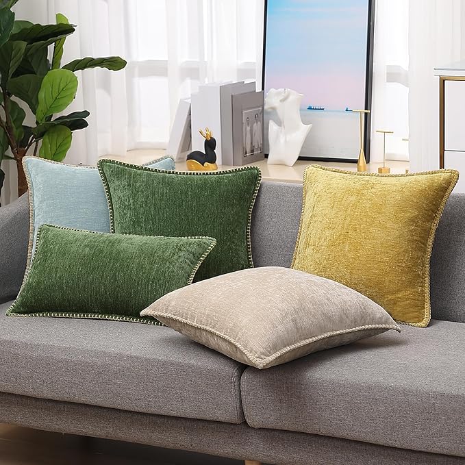 decorUhome Chenille Soft Throw Pillow Covers 16x16 Set of 2, Farmhouse Velvet Neutral Decorative Euro Pillow Covers with Stitched Edge for Couch Sofa Bed Home Decor, Mineral Yellow