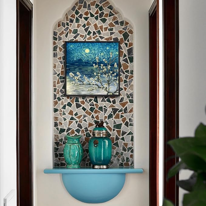 Framed Wall Art Bathroom Décor Modern Floral Tree Canvas Picture Plum Blossom Starry Night Flower Canvas Print Abstract Lake Blue Teal Yellow Painting for Modern Living Room Bedroom Office Décor Small