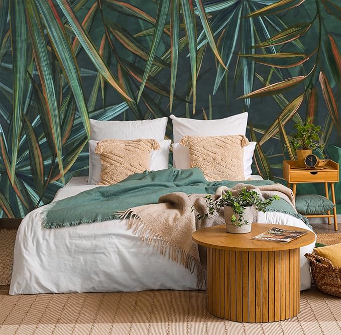 Dark Tropical Palm Leaf Wallpaper Mural Oil Painting Style Abstract Leaves Wall Mural (Not Peel and Stick)