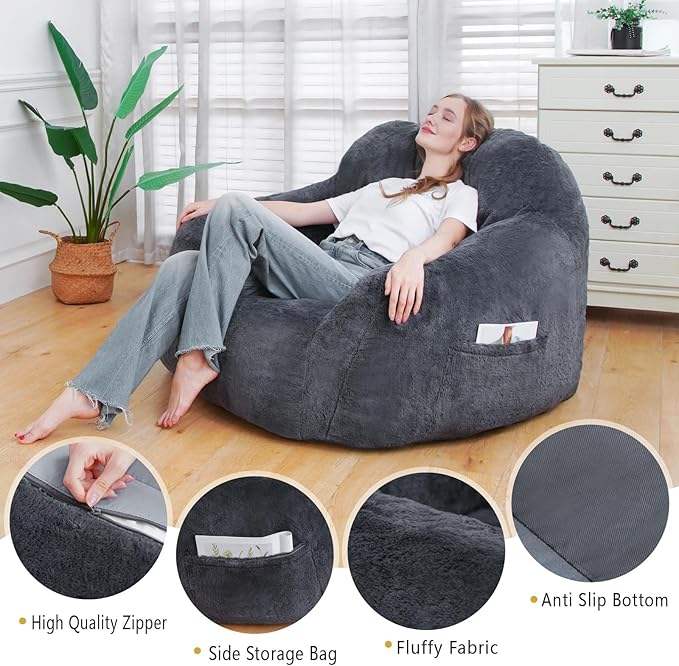 Giant Bean Bag Chair, Oversized Bean Bag Chairs for Adults and Kids, Gaming Chair Stuffed Memory Foam | Storage | Non-Slip, Removable Bean Bag Sofa Comfy Chair for Bedroom, Livingroom (Grey)