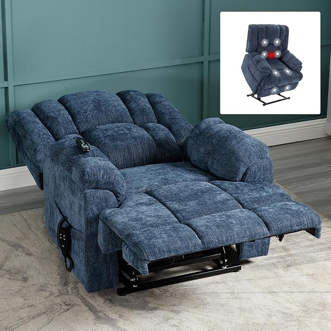 Dual Motor Power Lift Recliner Chair with Massage and Heat for Elderly People, Infinite Position, Dark Blue Recliner Chair, Chenille Fabric Lift Chair