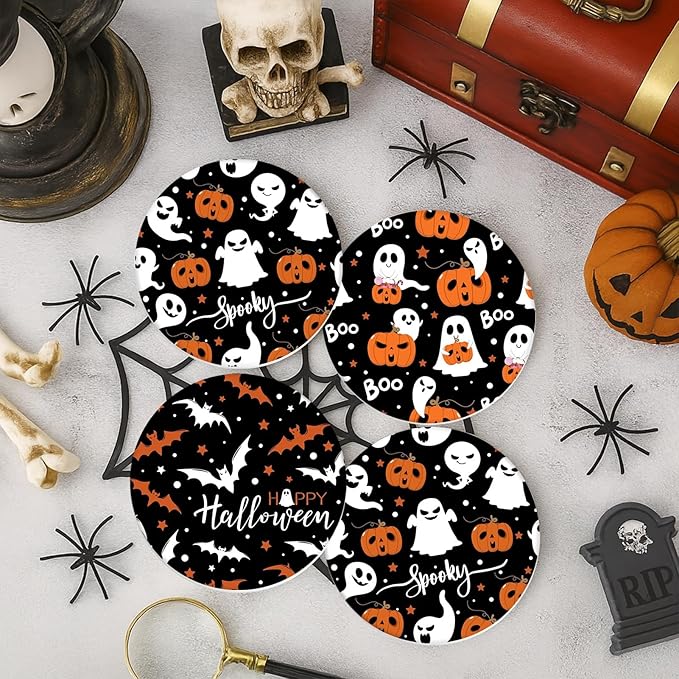 Coaster for Drinks Set of 6, Halloween Ghost Pumpkins Bats Holiday Black Absorbent Round Ceramic Stone Mat, with Cork Base and Metal Holder, Gift for Housewarming Room Bar Decor