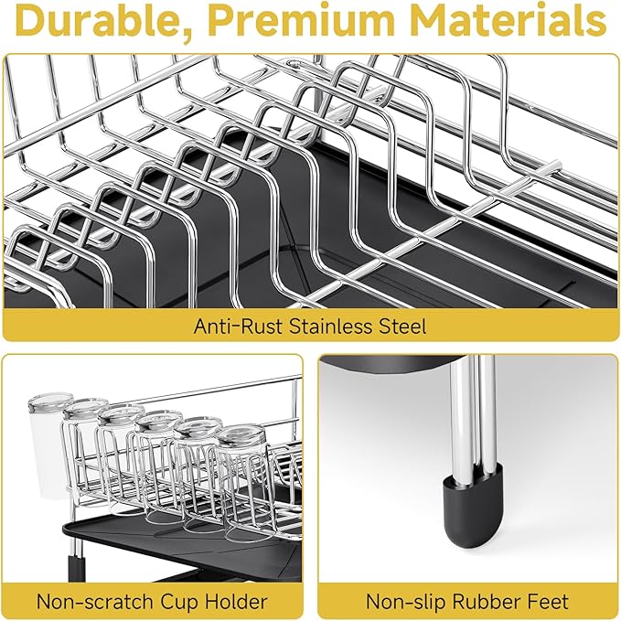 Dish Drying Rack, Expandable Stainless Steel Dish Rack with Drainboard Set Kitchen Sink Organizer for Counter, Large Capacity Kitchen Accessories, Smooth Water Flow