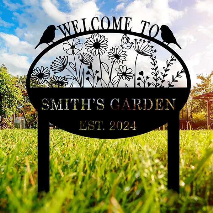 Custom Metal Flower Sign with Stakes - Personalized Garden Decor, Housewarming Gift - Large Yard Sign Plaque