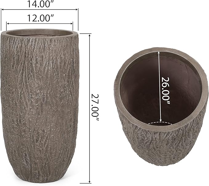 Christopher Knight Home Jorine Lightweight Concrete Planter, Cast Stone Plant Pot, Large Garden Urn, Patio Texture Finish Flower Pot for Balcony Backyard Poolside, No Assembly Needed, 27" H Brown