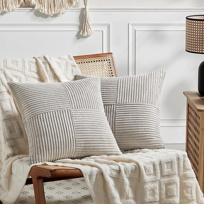 Fancy Homi 2 Packs Neutral Grey Big Decorative Throw Pillow Covers 24x24 Inch for Living Room Couch Bed, Rustic Farmhouse Boho Home Decor, Soft Corss Corduroy Patchwork Accent Square Cushion Case 60cm