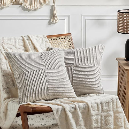 Fancy Homi 2 Packs Neutral Grey Decorative Throw Pillow Covers 22x22 Inch for Living Room Couch Bed Sofa, Rustic Farmhouse Boho Home Decor, Soft Corss Corduroy Patchwork Accent Cushion Case 55x55 cm