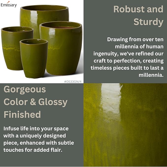 Emissary Bullet 18 in. Green Ceramic Round Planter (18 in. L x 18 in. W x 21 in. H) with Drainage Hole