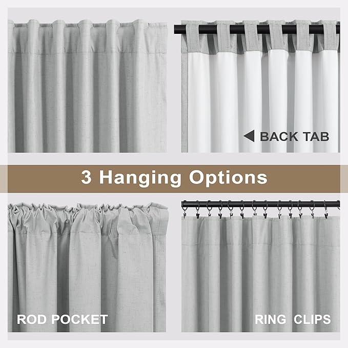 Grey Short Small Window Room Darkening Curtains 54 Inches Long 2 Panel for Bedroom Basement Boho Linen Soundproof Blackout Gray Thermal Curtains for Winter Insulated Drapes Cafe Back Tab 52x54 Length