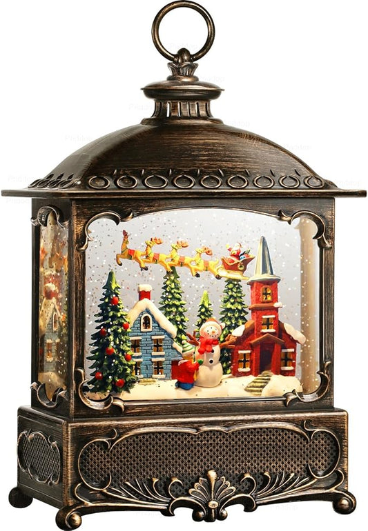 Christmas Snow Globe Lantern Christmas Decorations Gifts Snowman Santa Claus Church Village Scene Musical Glitter Snowfall USB/Battery Timer 12 inch