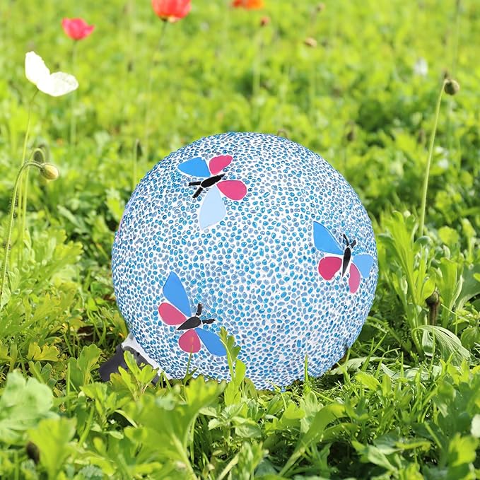 Gazing Ball 8 Inch Butterfly Glass Mosaic Garden Globe Outdoor Gazing Globe Yard Ornament for Garden Yard Home Lawn Outdoor Decoration Gift for Women (Not Solar Powered)