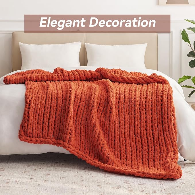 Chunky Knit Throw Blanket, 60''*80'' Fall Throw Blanket Knitted Chenille Yarn for Bed Couch, Handmade Orange Crochet Big Thick Blanket, Machine Washable Cute Comfy Blankets for Home Decor