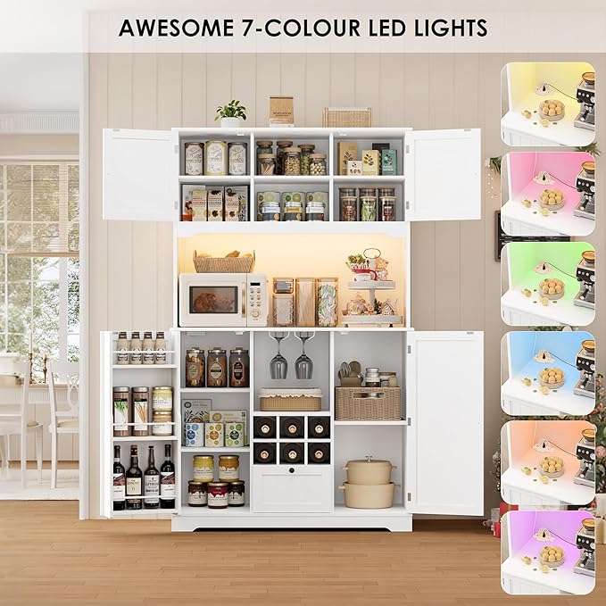 FINETONES 71" Pantry Cabinet with 7-Color LED Light and Charging Station, Kitchen Pantry Cabinet with Microwave Stand, Kitchen Hutch Food Storage Cabinet with Outlet and Wine Racks, White