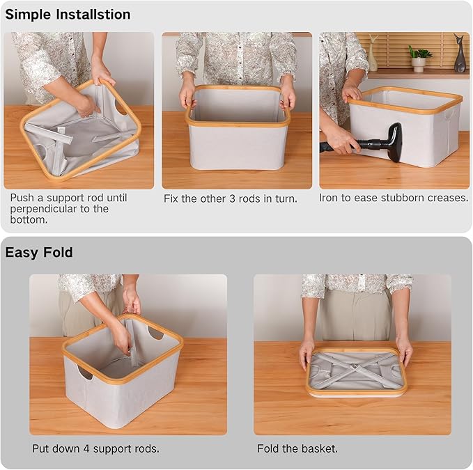 efluky Storage Baskets for Organizing, Fabric Storage Bins with Bamboo Handles, Collapsible Storage Baskets for Shelves and Closet (Black, 16.2'' x 13'' x 9.1'')