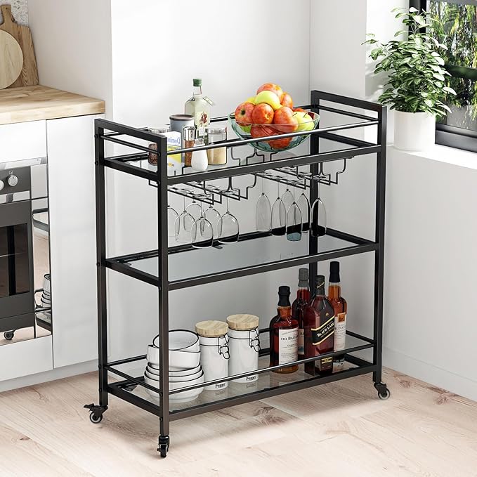 Glass Black Bar Carts for Home with Hanging Wine Rack - Home Bar Serving Cart with 3 Mirrored Shelves, Kitchen Bar Carts, Wine Cart for Entertaining, Club Party.