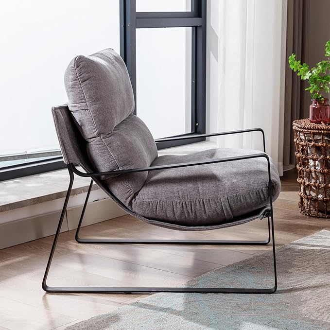 DUOMAY Modern Accent Arm Chair, Comfy Linen Lounge Lazy Chair with Metal Leg, Mid-Century Corner Chair for Living Room Bedroom Office Apartment, Grey