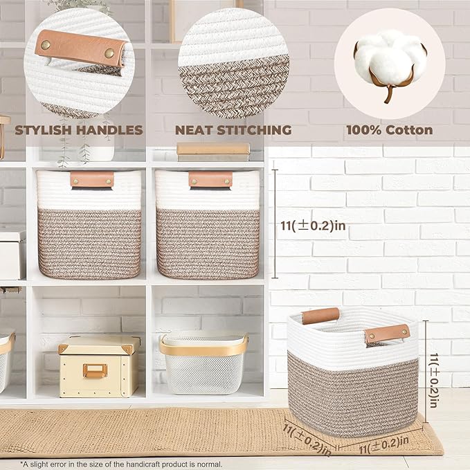 danpinera 11 Inch Storage Baskets, Woven Baskets for Organizing, 3 Pack Storage Cubes for Shelves, Closet, Nursery with Removable Leather Handles, White & Mixed Brown
