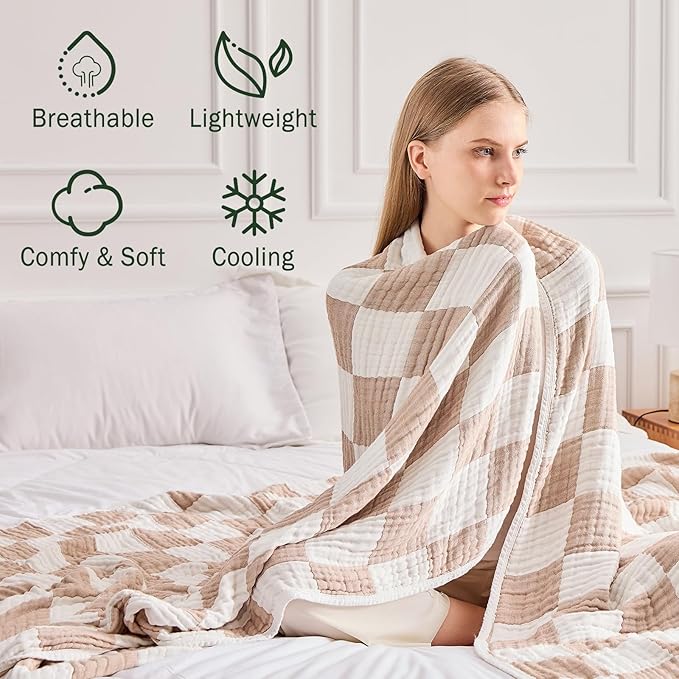 EMME Checkered Cotton Blanket Queen Size for Bed Soft Large Muslin Bed Blankets 80"x90" Lightweight Breathable Cooling All Season Gauze, Light Tan