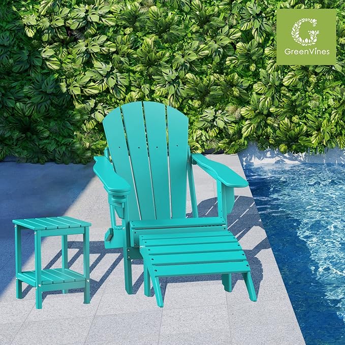 GREENVINES Adirondack-Ottoman | Set of 2 | HDPE Plastic | Outdoor Footrest | All Weather | Foot Rest | Foot Stool | Aqua | for Adirondack Chair | for Patio Backyard Pool