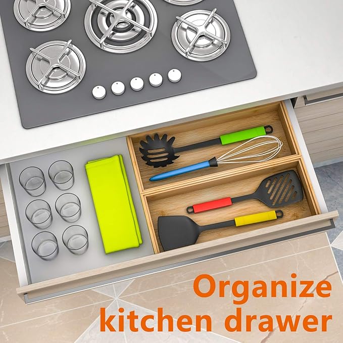 Drawer Organizer Storage Box Kitchen - Wood Stackable Tray Utensil Organizer for Office Drawers,Cabinets,Shelves,Pantry,or Bathroom Counter,Drawer Dividers for Silverware Set of 2（15x6x2.5inch）