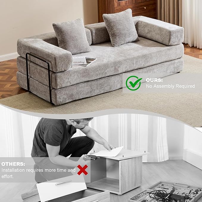 Convertible Sleeper Sofa Bed, Compression Folding Sofa with Pillow, No Assembly Required, Shape Frame, Floor Sofas Lounge Couchs for Living Room, Bedroom, Small Spaces(Chenille, 77''W, Light Grey)