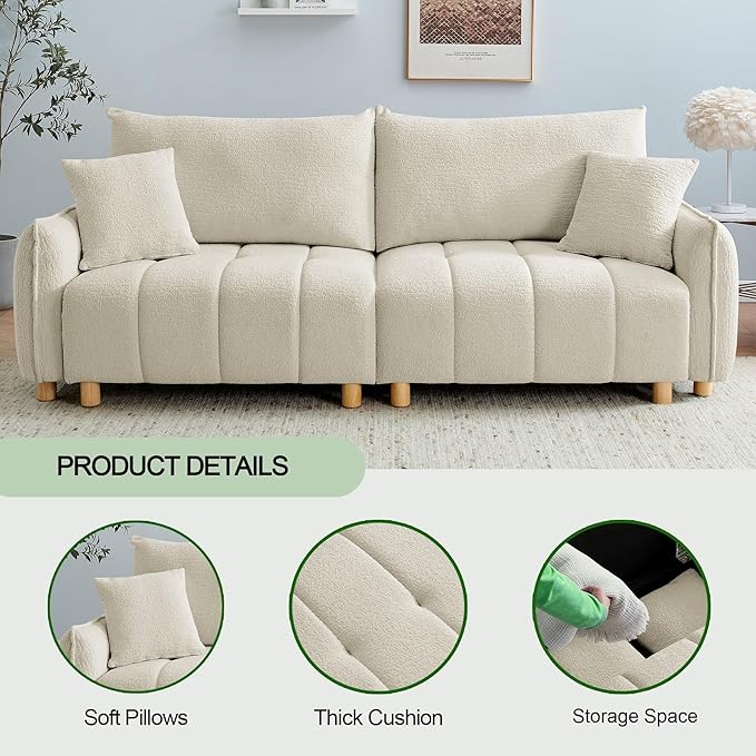 Convertible Sofa Bed, 90" Full Size Sleeper Sofa with Storage, Tufted Chenille 3 Seat Sofa Couches for Living Room, Small Spaces, Guest Room, Apartment, Beige